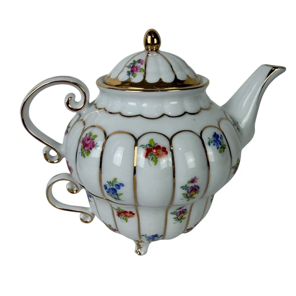 Ganz Floral Porcelain Tea for One Set White Gold Trim Stackable Teapot Teacup